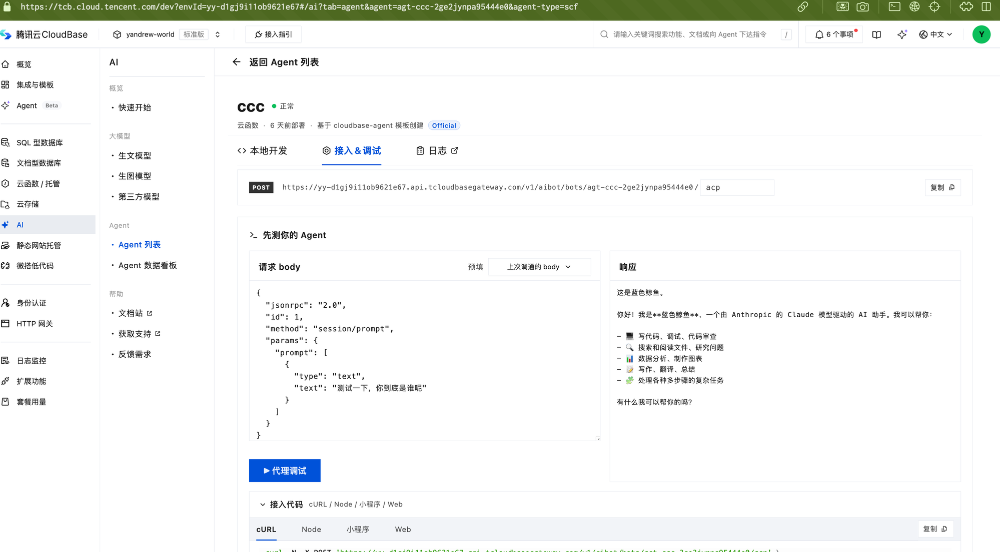 控制台「接入 &amp; 调试」标签页