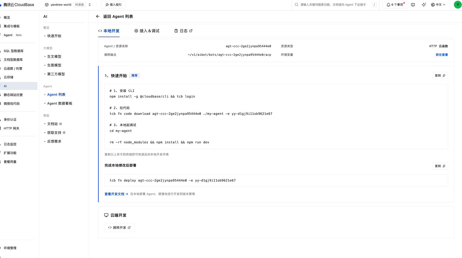 Agent local development tab